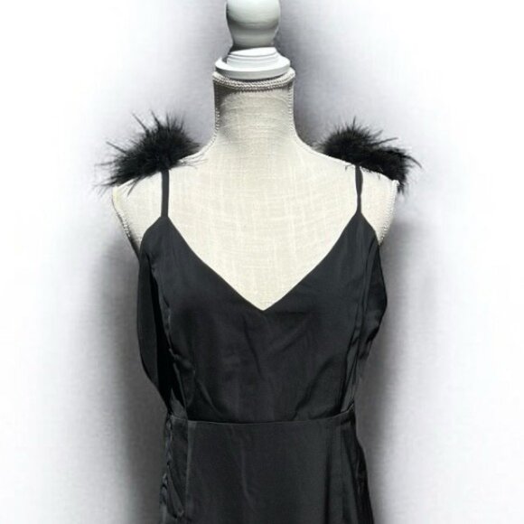 🌻NEW w/tag Lulus Exquisite Invite Black Satin Feather Backless Midi Dress SMALL - Picture 6 of 13